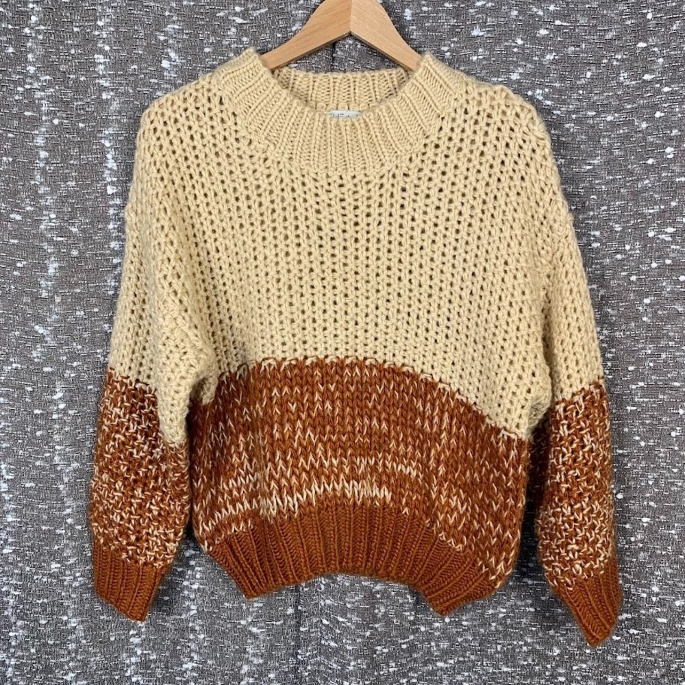 She + Sky Boutique Color Block Sweater Boho Neutral Chunky Knit Pullover Size Sm